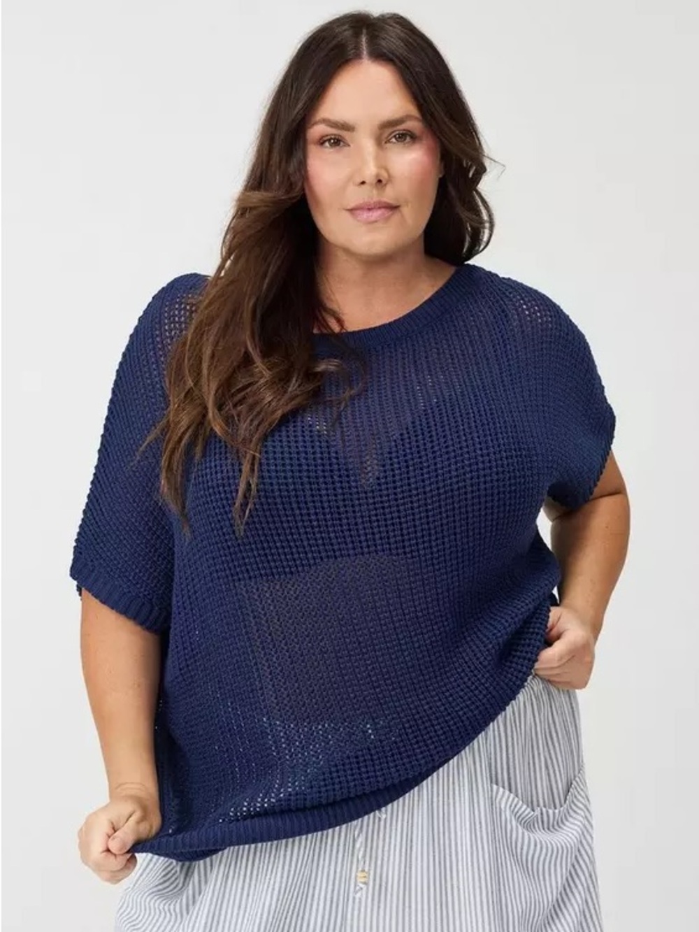 torrid Navy Open-Weave Short-Sleeve Crew Sweater